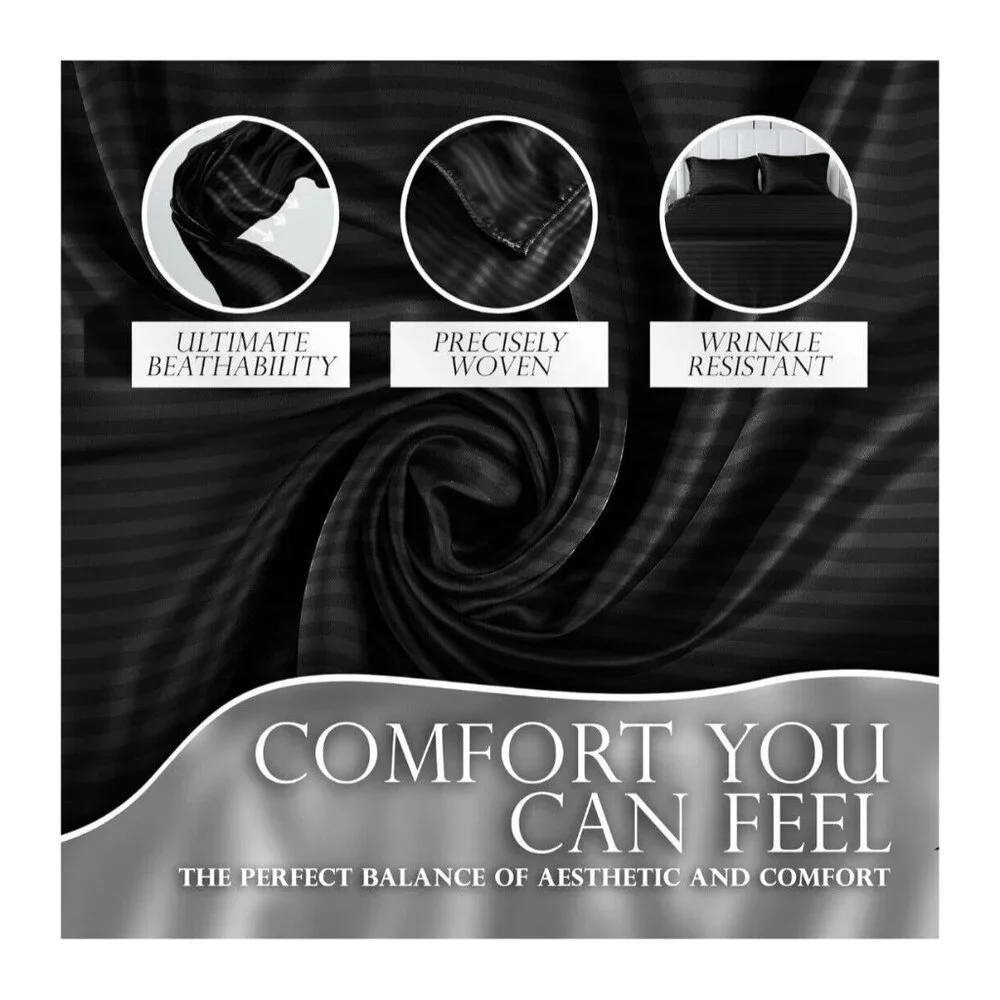 Luxury Satin Sheet Set‎ Twin Black Stripped With Pillowcases Deep Pocket